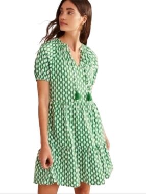 Boden Green& White Geometric Print Dress, Size 20/22